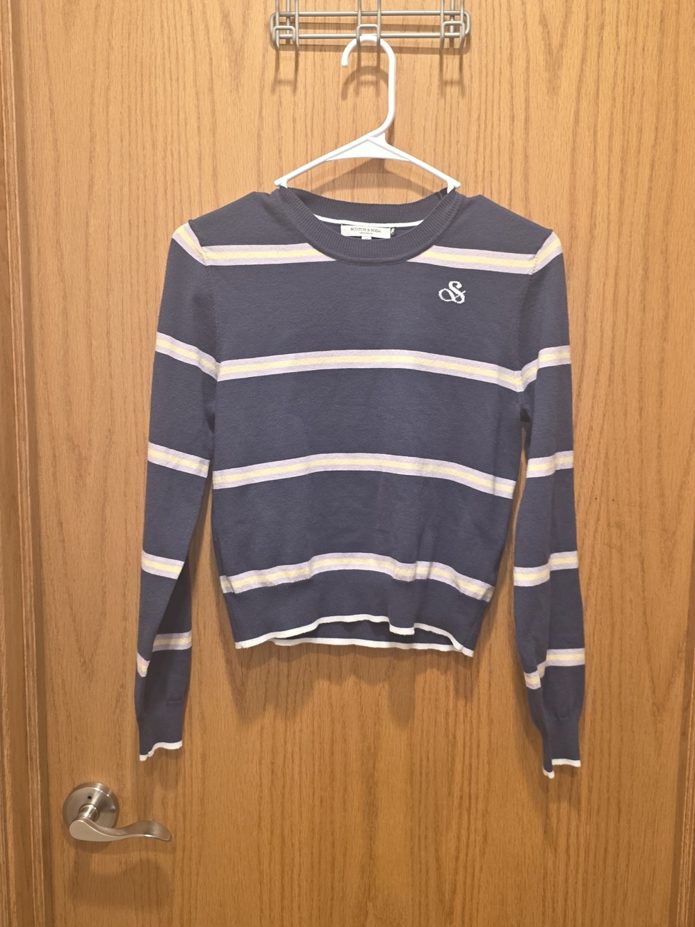 Scotch & Soda Navy, White & Light Pink Striped Crop Pyllover Crewneck Sweater
